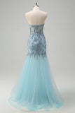 Scintillante luce blu sirena corsetto senza spalline lungo Abito da cerimonia con fessura