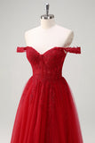 Rosso A-Line Off the Spalla Tulle Corsetto lungo Abito da cerimonia con fessura
