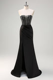 Sirena nera senza spalline increspato corsetto in raso lungo Abito da cerimonia con perline