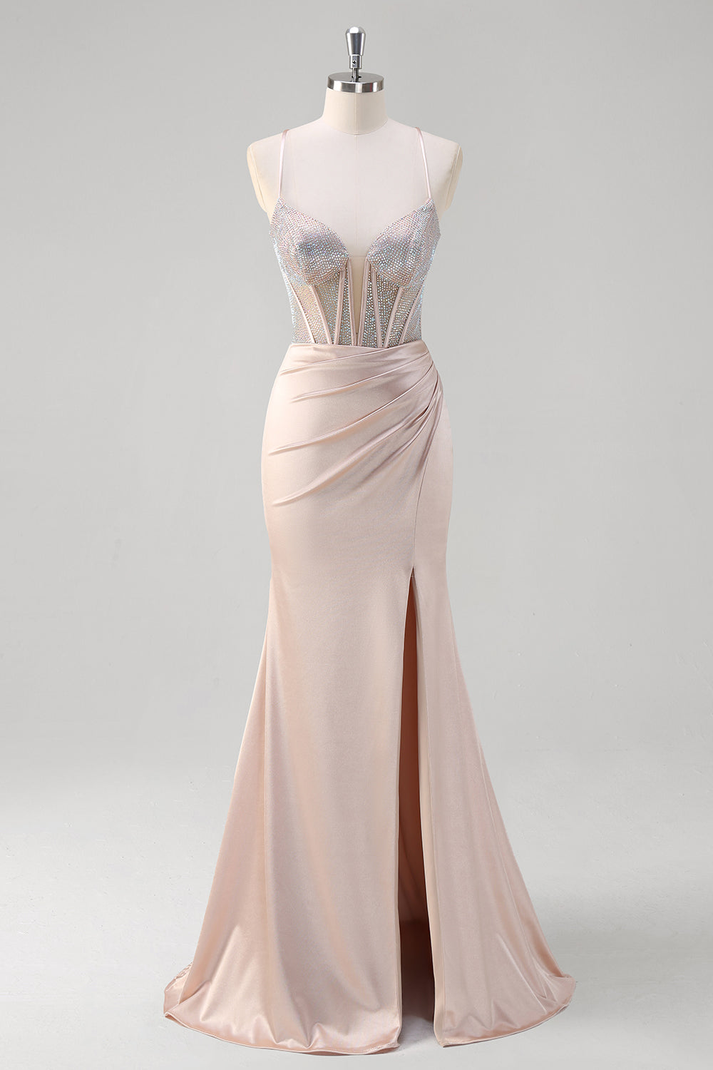 Blush Spaghetti Straps sirena corsetto perline lungo Abito da Cerimonia
