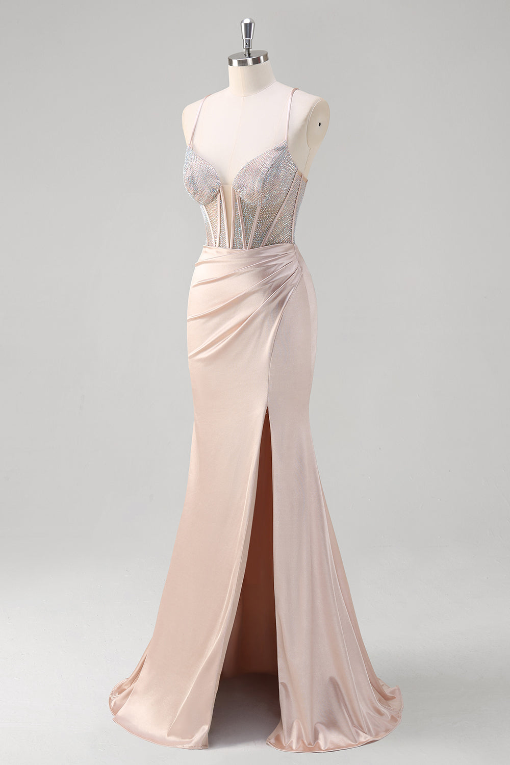 Blush Spaghetti Straps sirena corsetto perline lungo Abito da Cerimonia
