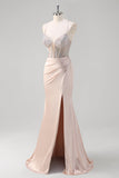 Blush Spaghetti Straps sirena corsetto perline lungo Abito da Cerimonia
