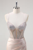Blush Spaghetti Straps sirena corsetto perline lungo Abito da Cerimonia