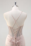 Blush Spaghetti Straps sirena corsetto perline lungo Abito da Cerimonia