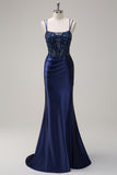 Navy sirena spaghetti spalline corsetto increspato lungo Abito da cerimonia con fessura