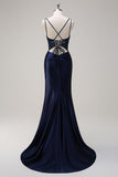 Navy sirena spaghetti spalline corsetto increspato lungo Abito da cerimonia con fessura