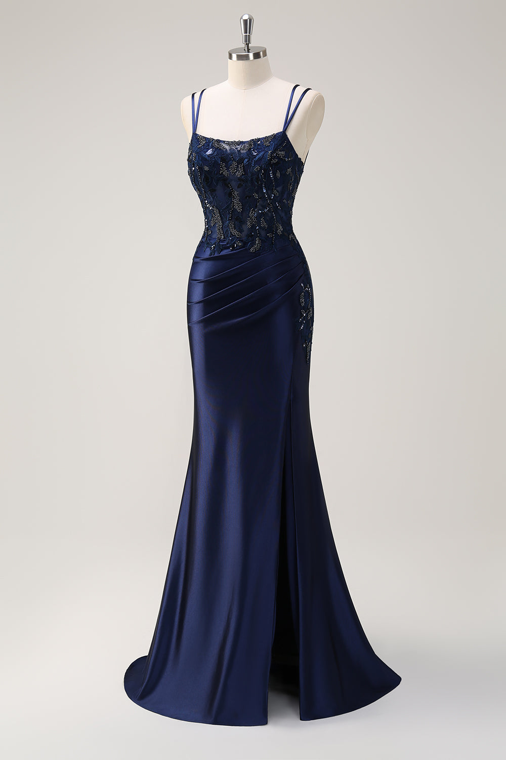 Navy sirena spaghetti spalline corsetto increspato lungo Abito da cerimonia con fessura