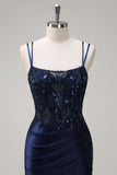 Navy sirena spaghetti spalline corsetto increspato lungo Abito da cerimonia con fessura