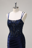 Navy sirena spaghetti spalline corsetto increspato lungo Abito da cerimonia con fessura