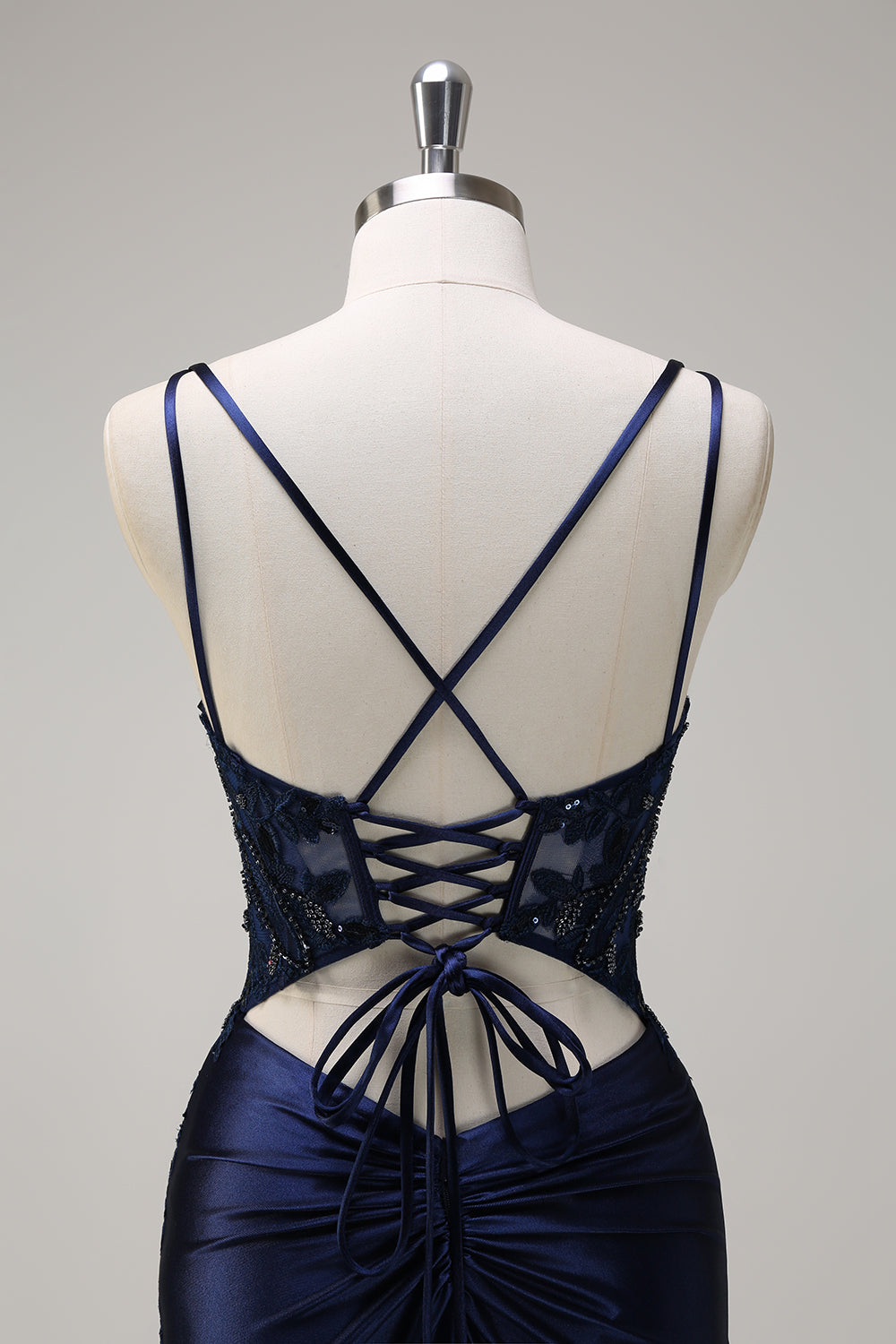 Navy sirena spaghetti spalline corsetto increspato lungo Abito da cerimonia con fessura