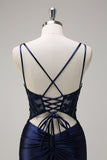 Navy sirena spaghetti spalline corsetto increspato lungo Abito da cerimonia con fessura