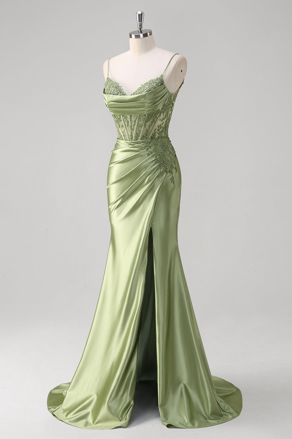 Verde sirena spaghetti spalline plissettato corsetto Abito da Cerimonia