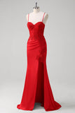Rosso Spaghetti Straps Mermaid Satin Corsetto lungo Abito da Cerimonia con Appliques