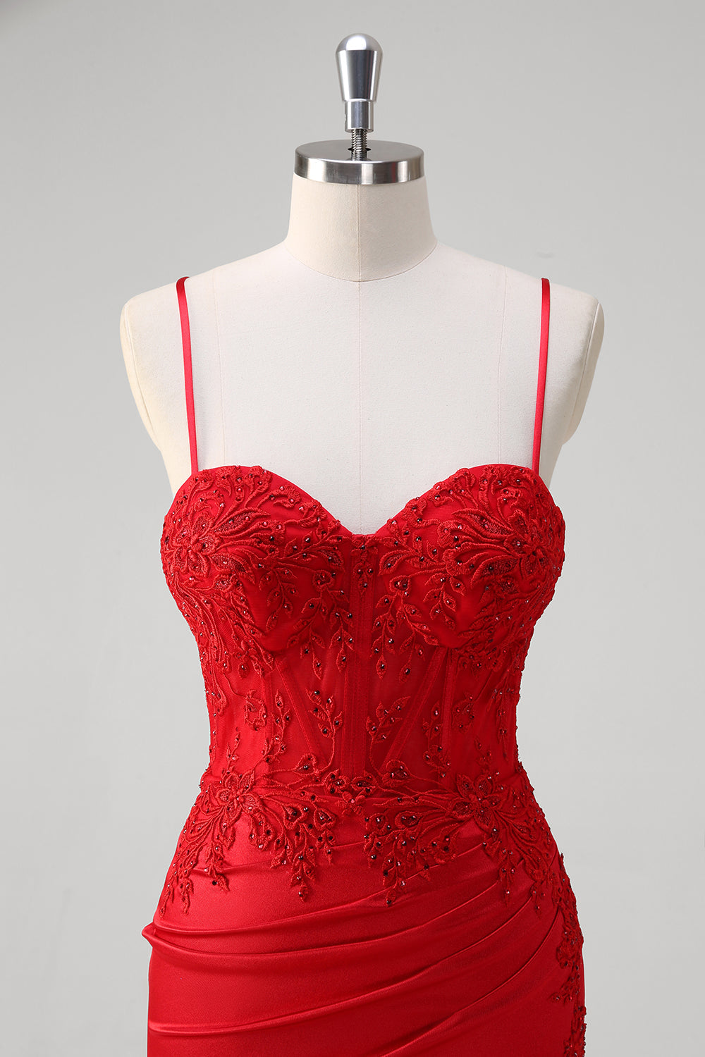Rosso Spaghetti Straps Mermaid Satin Corsetto lungo Abito da Cerimonia con Appliques