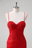 Rosso Spaghetti Straps Mermaid Satin Corsetto lungo Abito da Cerimonia con Appliques