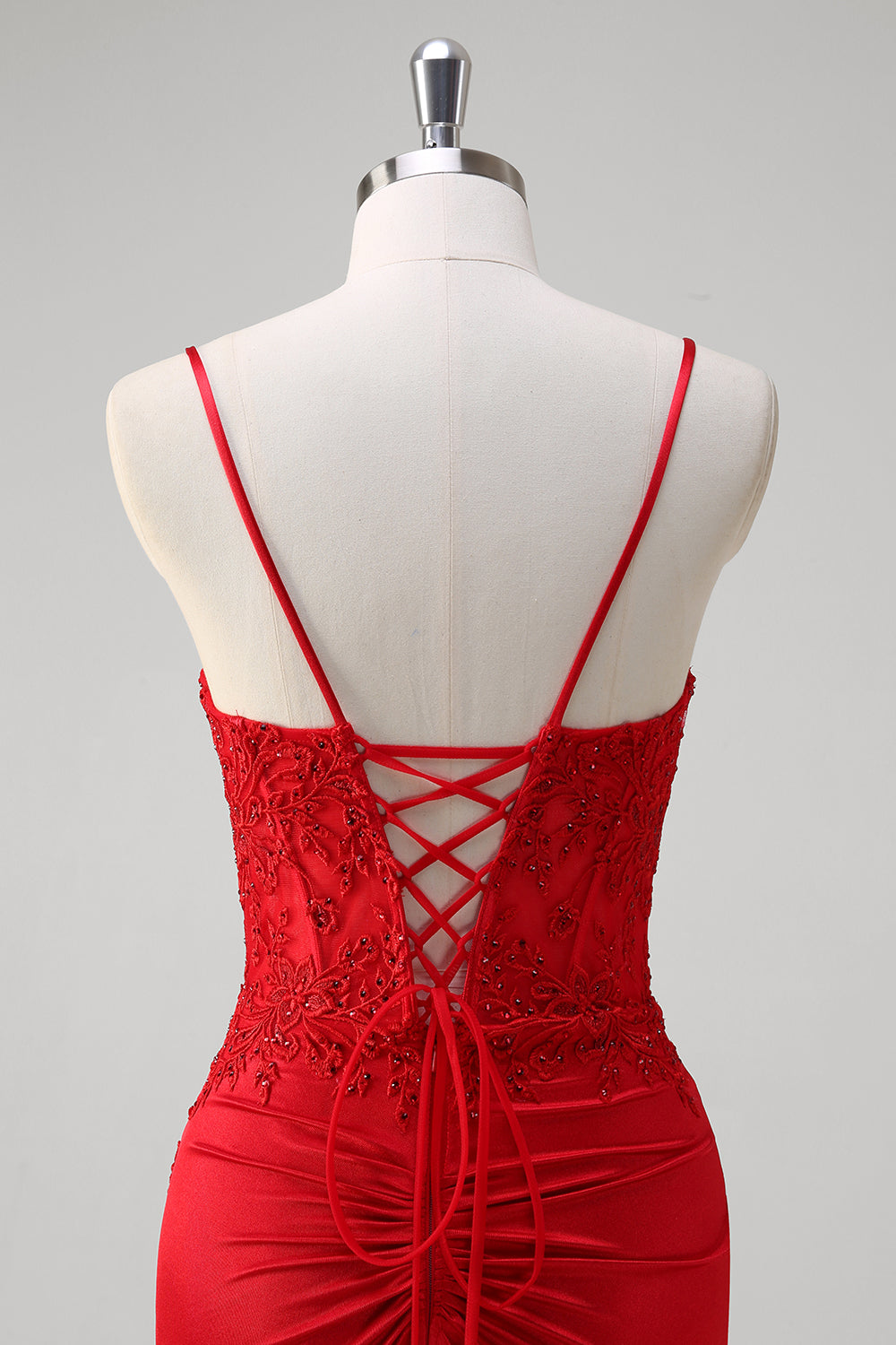 Rosso Spaghetti Straps Mermaid Satin Corsetto lungo Abito da Cerimonia con Appliques