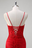 Rosso Spaghetti Straps Mermaid Satin Corsetto lungo Abito da Cerimonia con Appliques
