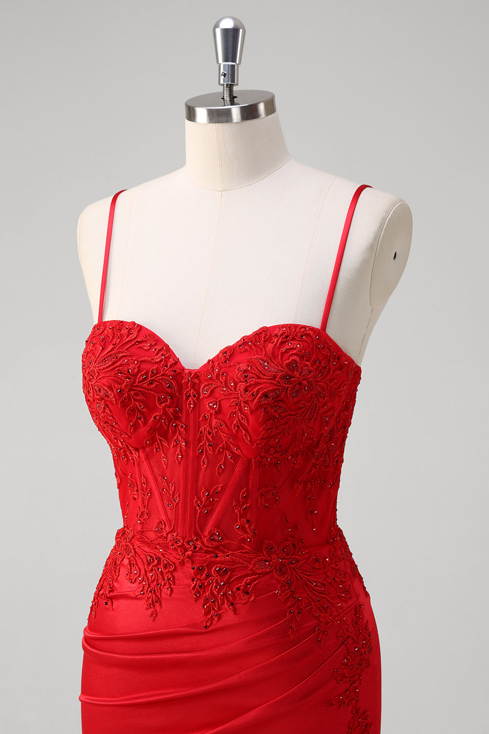 Rosso Spaghetti Straps Mermaid Satin Corsetto lungo Abito da Cerimonia con Appliques