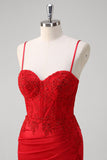 Rosso Spaghetti Straps Mermaid Satin Corsetto lungo Abito da Cerimonia con Appliques