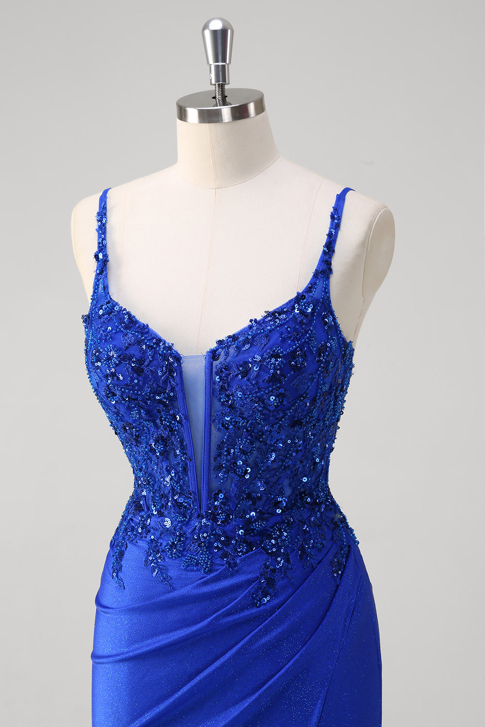 Royal Blue Mermaid Spaghetti Straps Corsetto Abito da Cerimonia lungo con applique