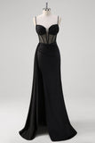 Nero Spaghetti Straps raso sirena lungo corsetto abito da cerimonia con fessura