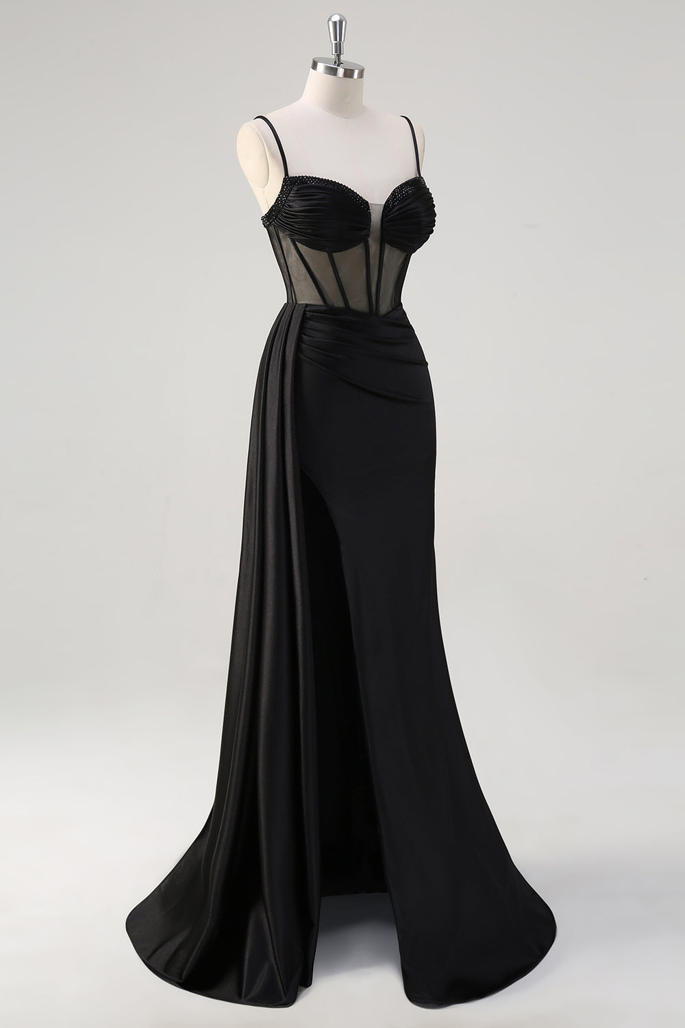 Nero Spaghetti Straps raso sirena lungo corsetto abito da cerimonia con fessura