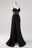 Nero Spaghetti Straps raso sirena lungo corsetto abito da cerimonia con fessura