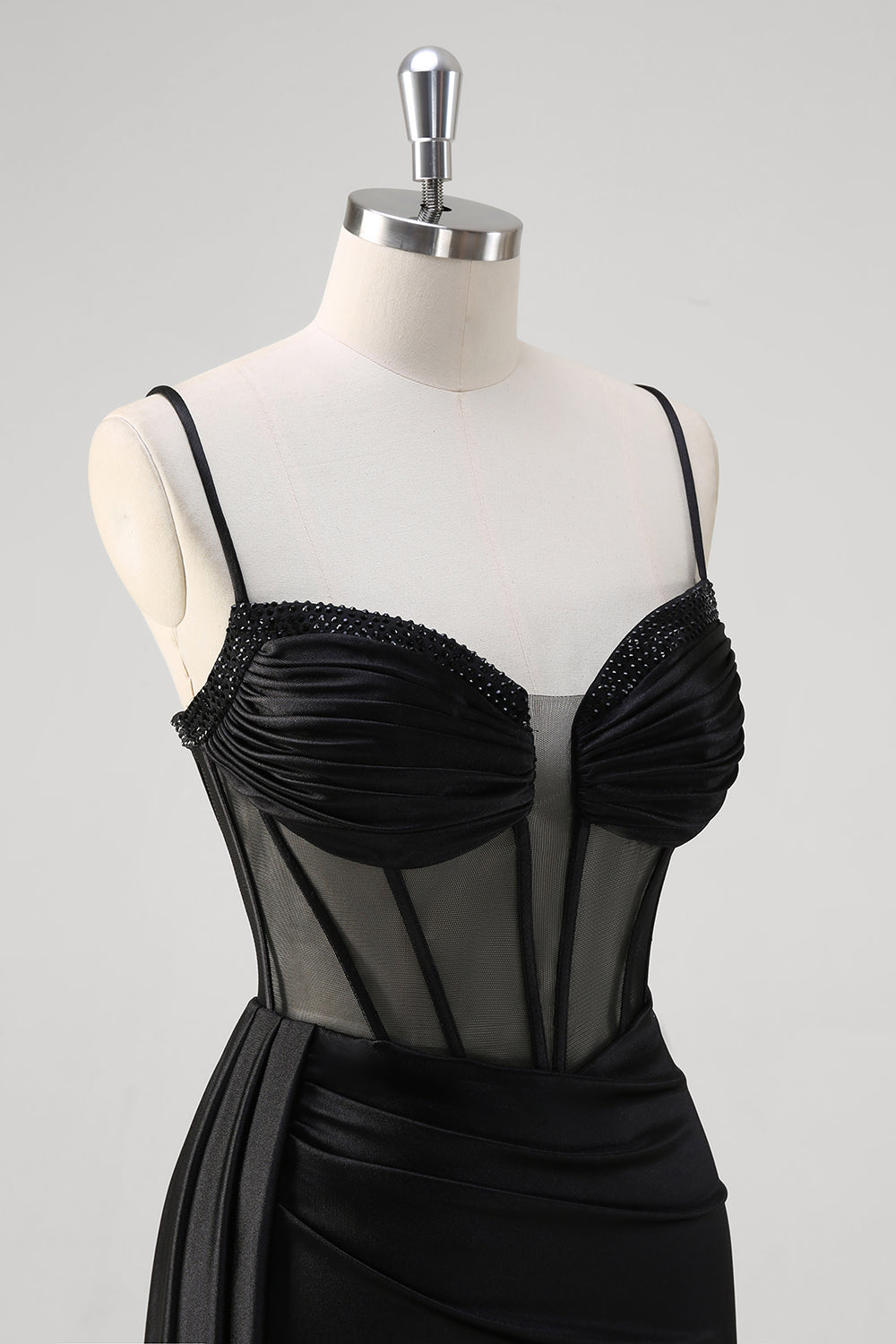 Nero Spaghetti Straps raso sirena lungo corsetto abito da cerimonia con fessura
