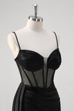 Nero Spaghetti Straps raso sirena lungo corsetto abito da cerimonia con fessura