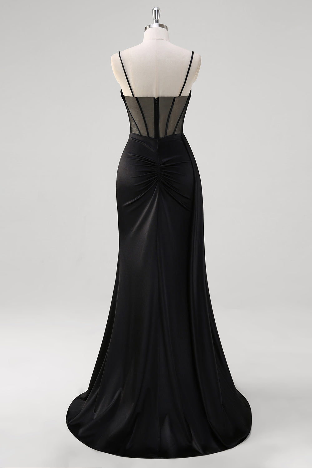 Nero Spaghetti Straps raso sirena lungo corsetto abito da cerimonia con fessura