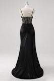 Nero Spaghetti Straps raso sirena lungo corsetto abito da cerimonia con fessura
