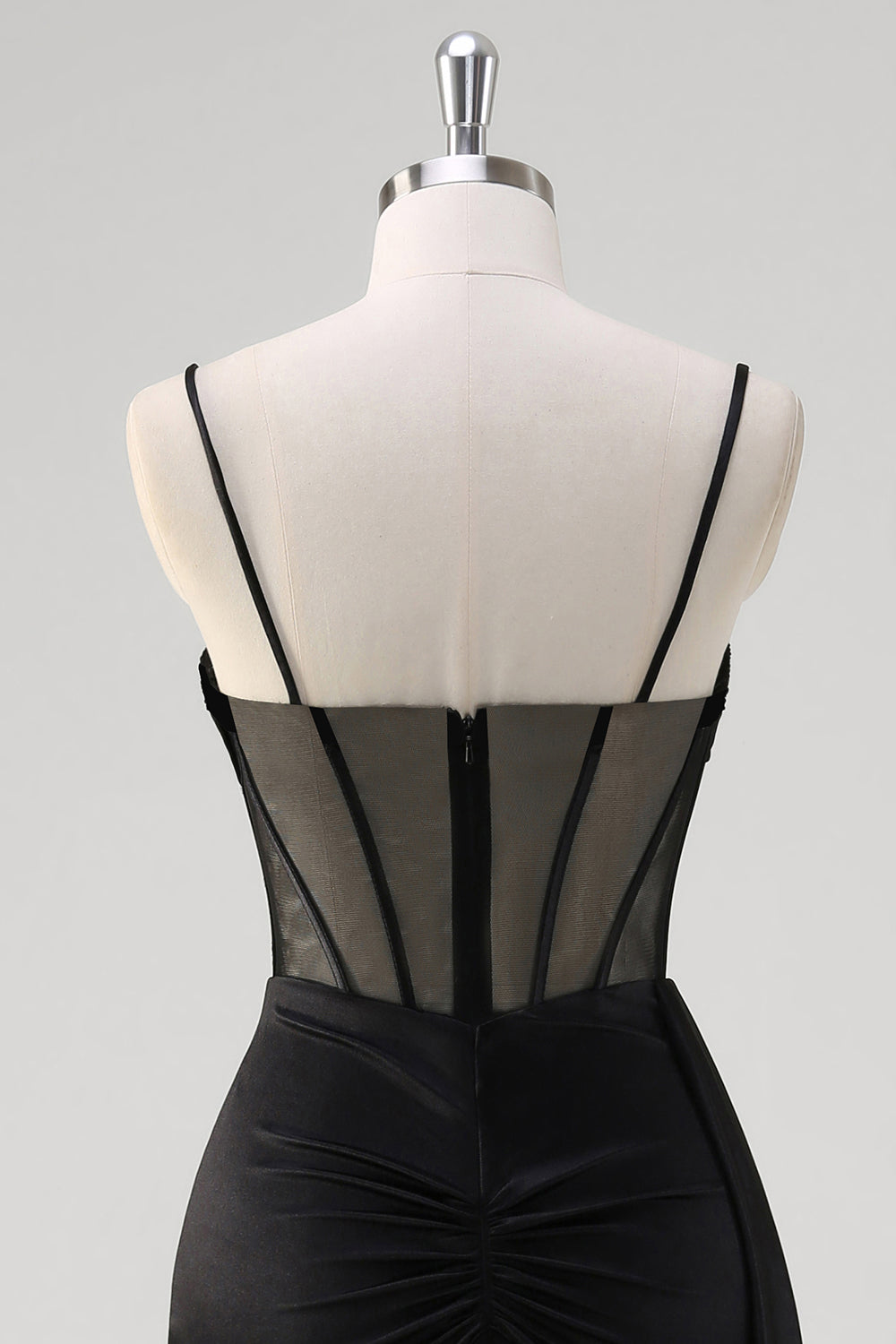 Nero Spaghetti Straps raso sirena lungo corsetto abito da cerimonia con fessura