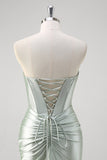 Matcha sirena Sweetheart raso increspato corsetto lungo abito da cerimonia con fessura