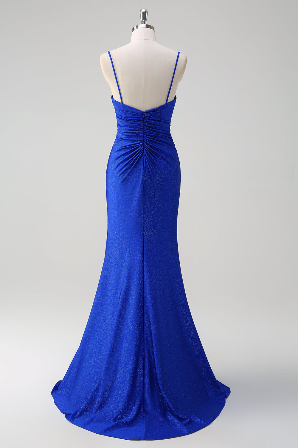 Glitter Royal Blue Mermaid Spaghetti Straps increspato lungo Abito da cerimonia con fessura