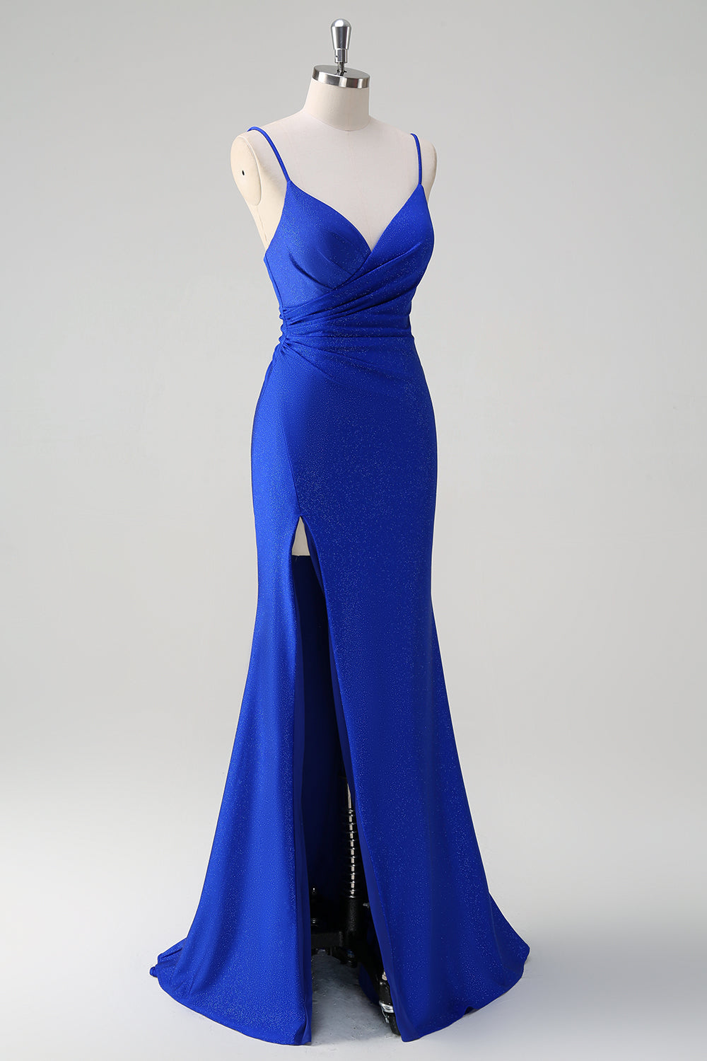 Glitter Royal Blue Mermaid Spaghetti Straps increspato lungo Abito da cerimonia con fessura