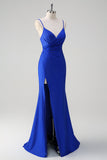 Glitter Royal Blue Mermaid Spaghetti Straps increspato lungo Abito da cerimonia con fessura