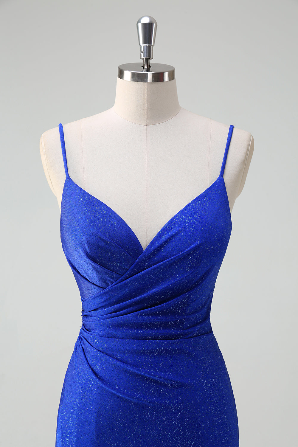 Glitter Royal Blue Mermaid Spaghetti Straps increspato lungo Abito da cerimonia con fessura