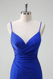 Glitter Royal Blue Mermaid Spaghetti Straps increspato lungo Abito da cerimonia con fessura
