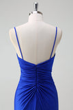Glitter Royal Blue Mermaid Spaghetti Straps increspato lungo Abito da cerimonia con fessura