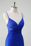 Glitter Royal Blue Mermaid Spaghetti Straps increspato lungo Abito da cerimonia con fessura
