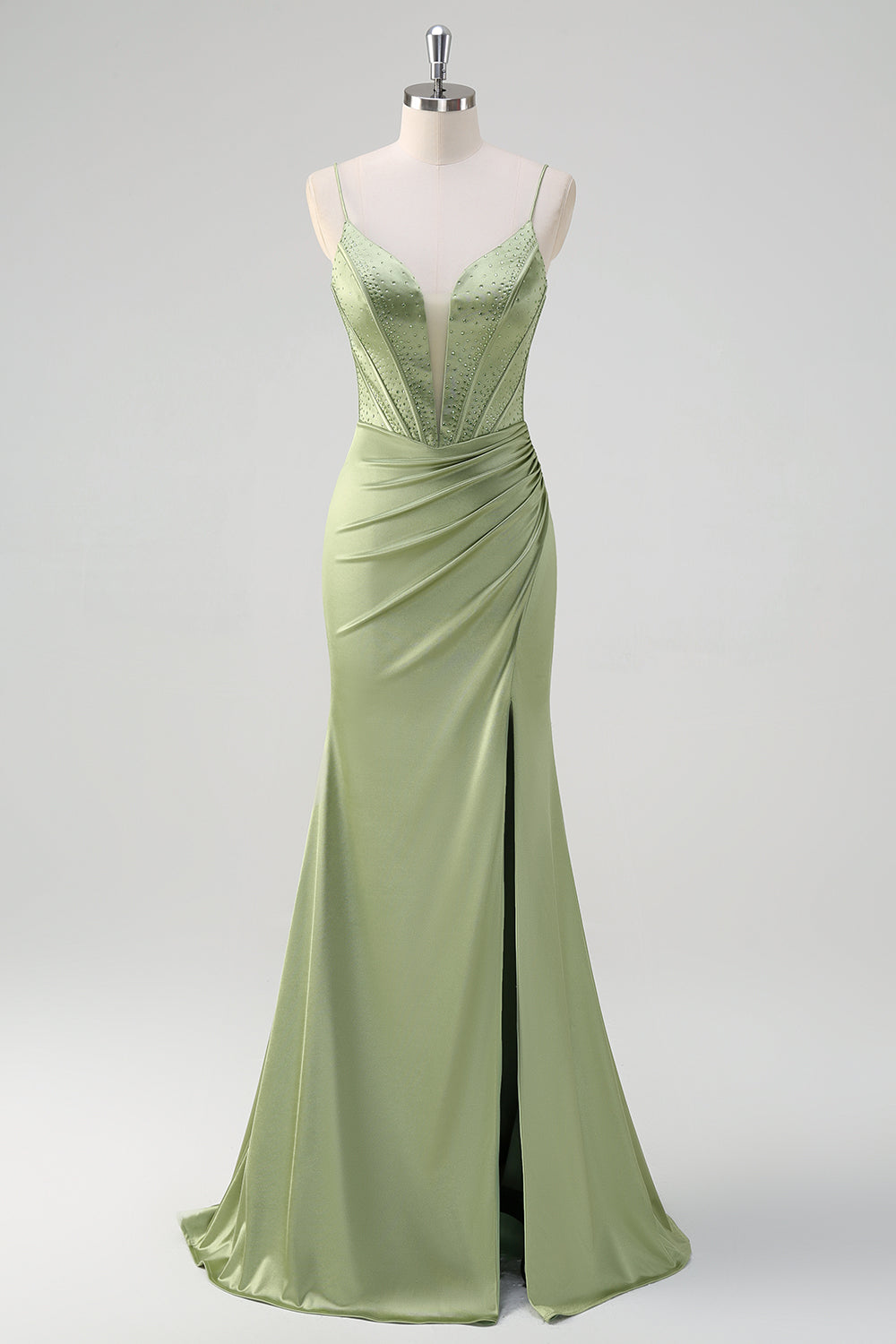 Sirena verde Spaghetti Straps Corsetto Abito da cerimonia lungo in rilievo con fessura