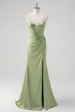 Sirena verde Spaghetti Straps Corsetto Abito da cerimonia lungo in rilievo con fessura