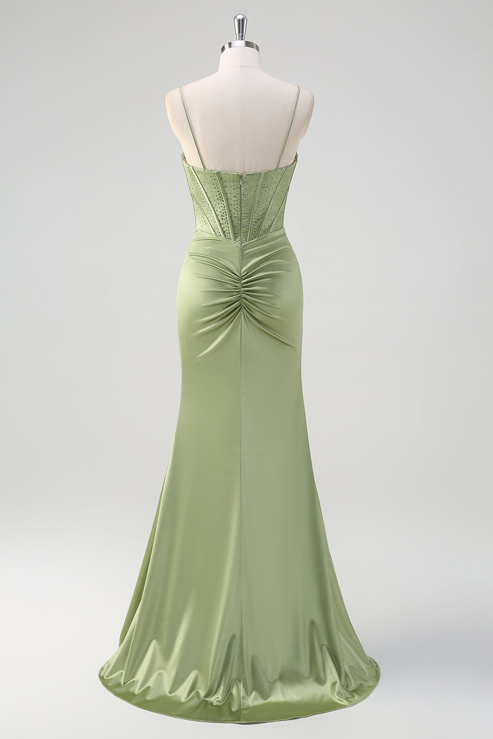 Sirena verde Spaghetti Straps Corsetto Abito da cerimonia lungo in rilievo con fessura