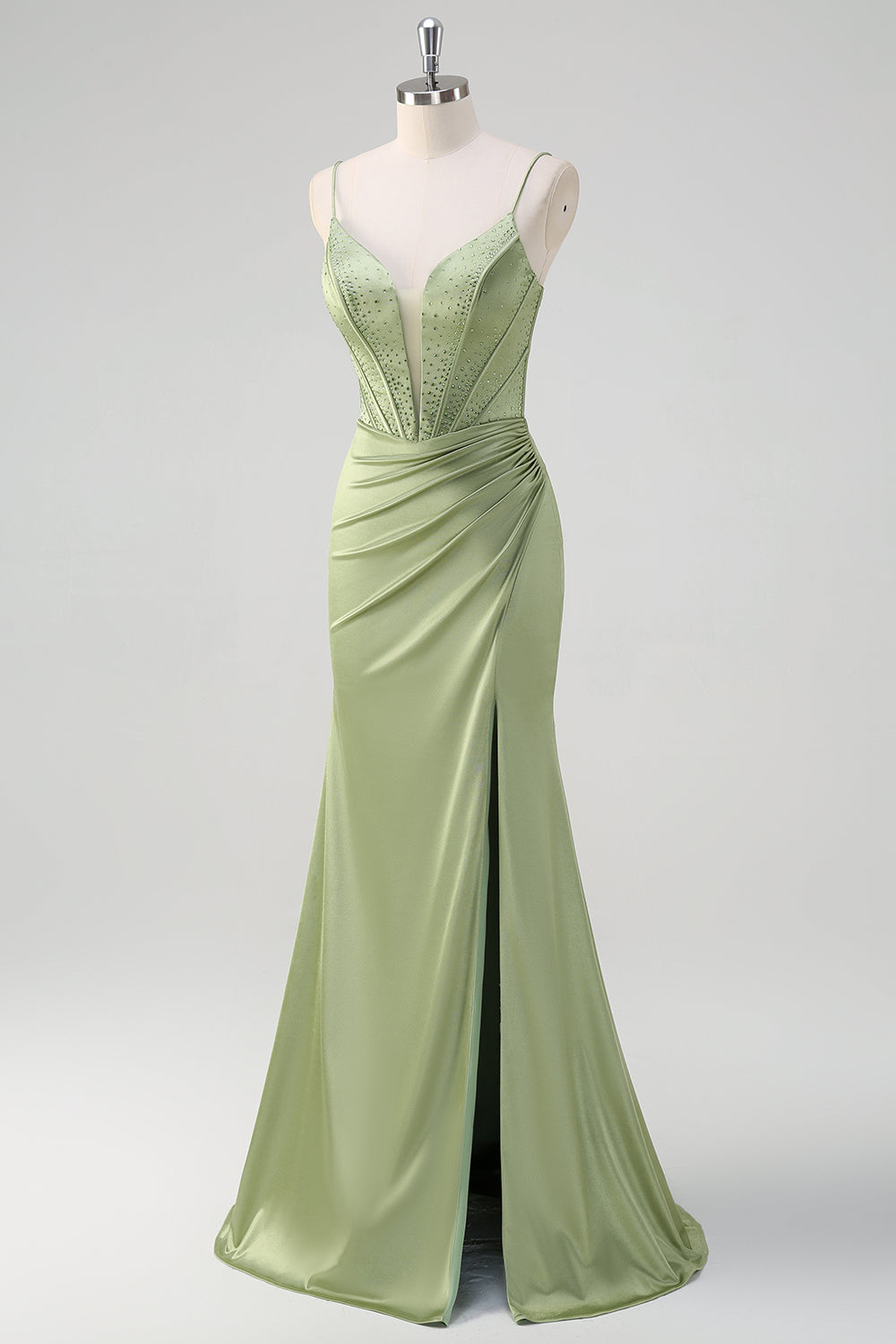 Sirena verde Spaghetti Straps Corsetto Abito da cerimonia lungo in rilievo con fessura