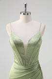 Sirena verde Spaghetti Straps Corsetto Abito da cerimonia lungo in rilievo con fessura