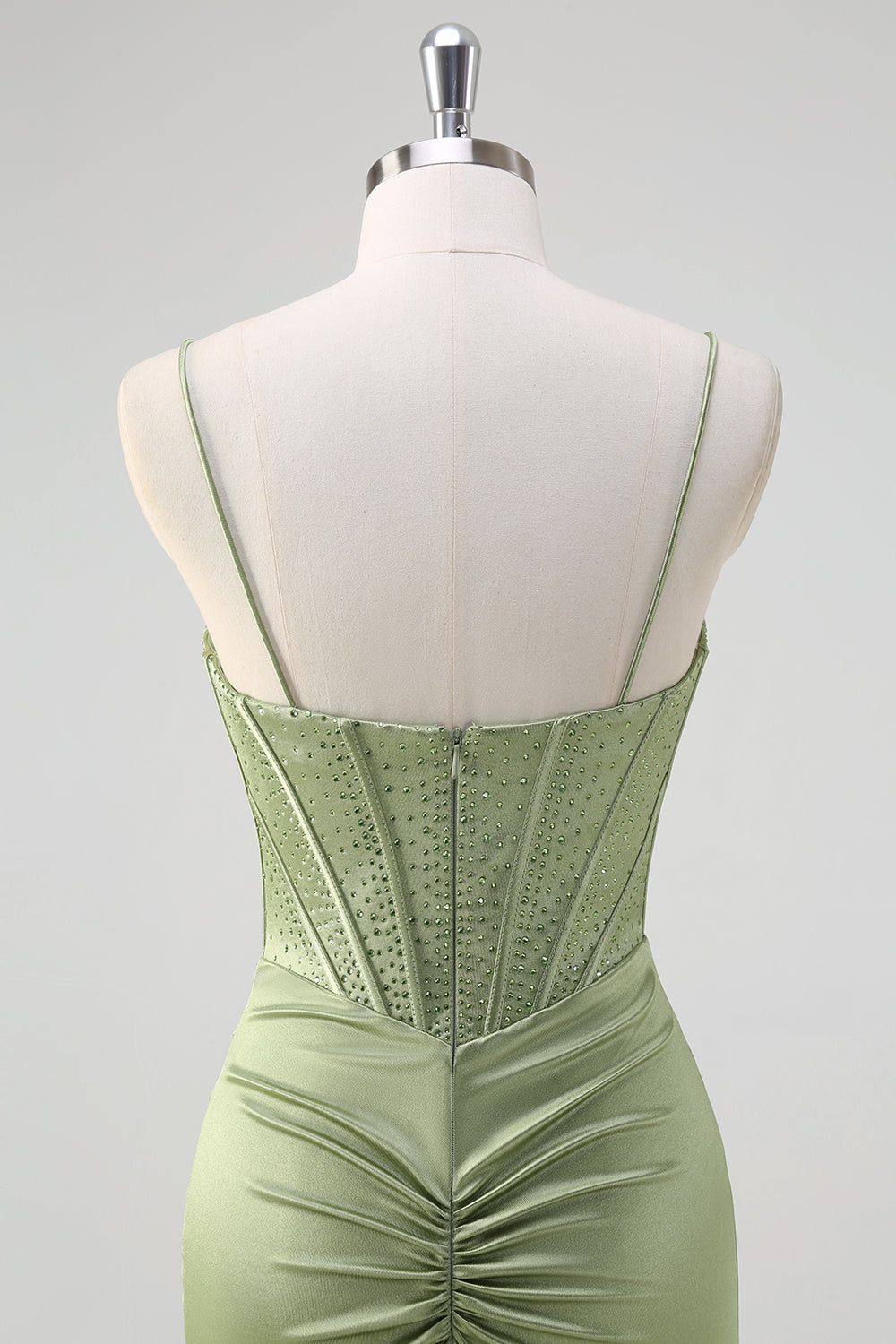 Sirena verde Spaghetti Straps Corsetto Abito da cerimonia lungo in rilievo con fessura