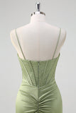 Sirena verde Spaghetti Straps Corsetto Abito da cerimonia lungo in rilievo con fessura