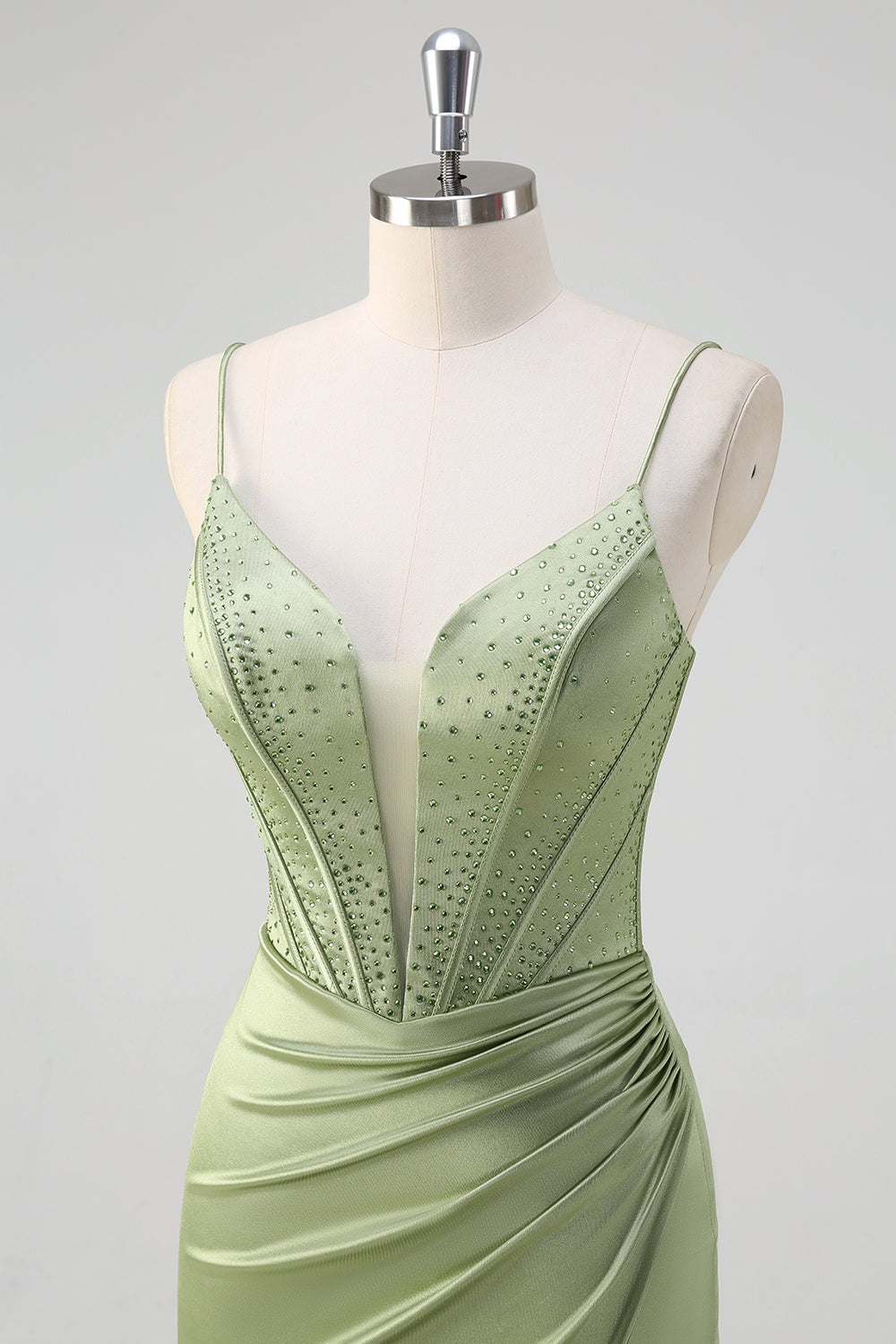 Sirena verde Spaghetti Straps Corsetto Abito da cerimonia lungo in rilievo con fessura