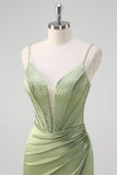 Sirena verde Spaghetti Straps Corsetto Abito da cerimonia lungo in rilievo con fessura