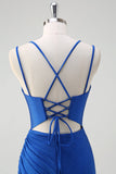 Royal Blue Mermaid Spaghetti Straps Corsetto Abito da cerimonia lungo con fessura